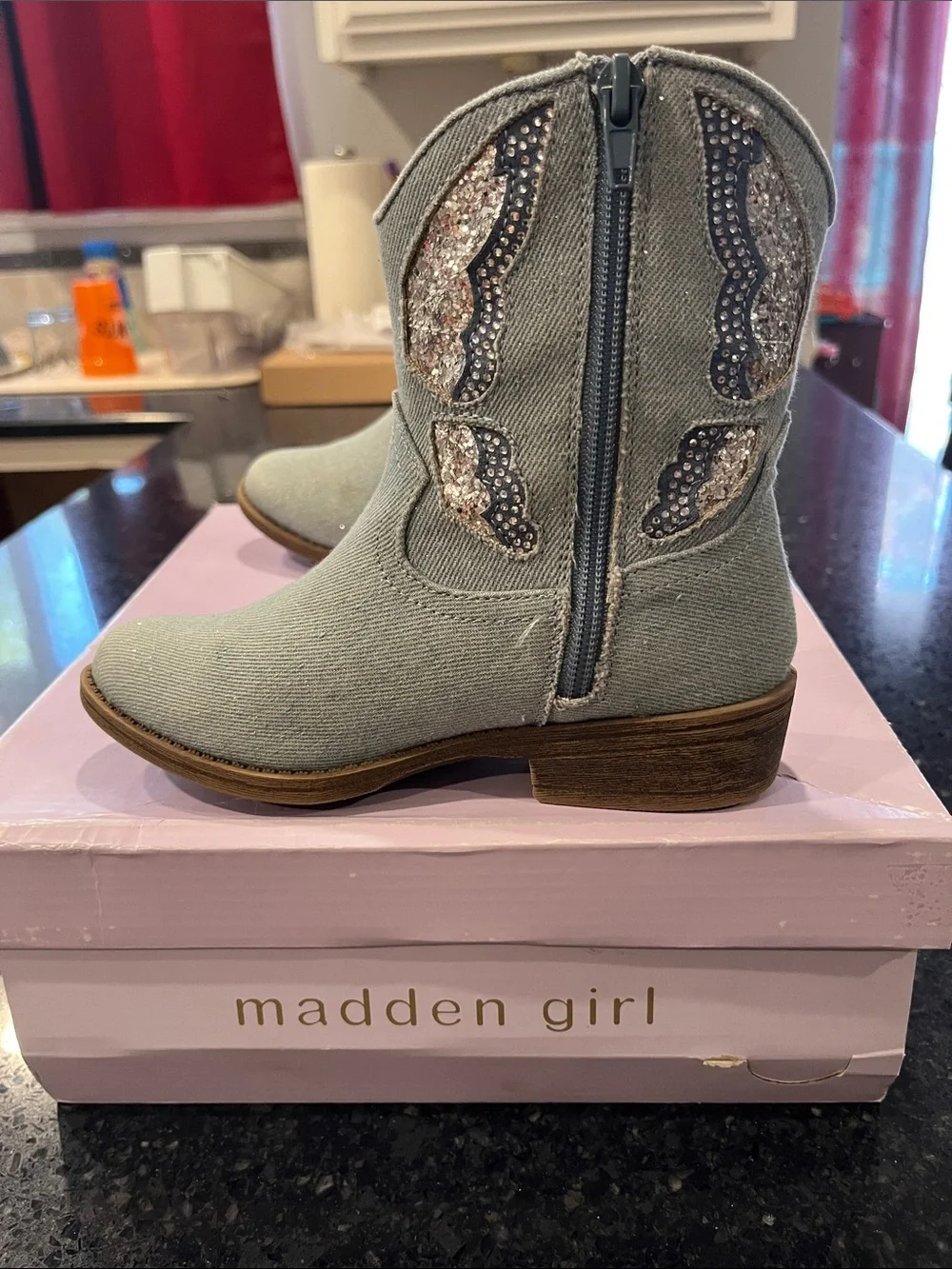 Madden Girl Light Blue Denim Kids Western Boots with Glitter Trim